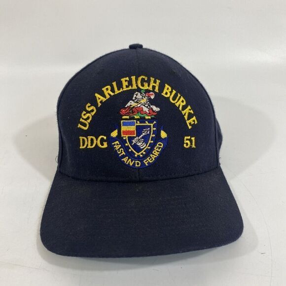USS Arleigh Burke DDG 51 SnapBack Hat Cap Built To Fight Navy Blue Autographed? - Picture 1 of 6